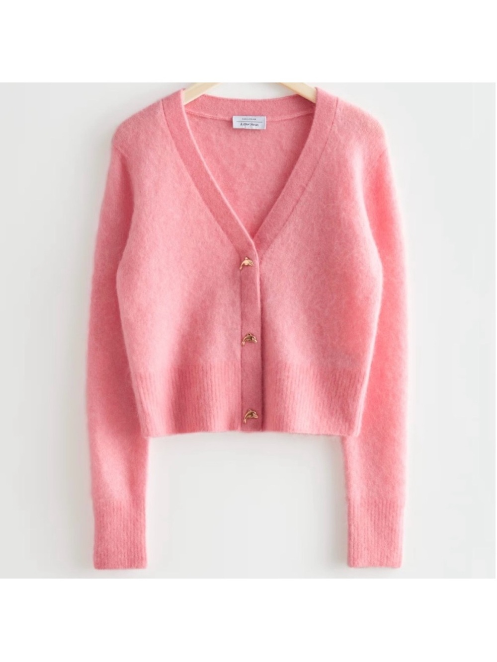 & Other Stories Soft Pink V-Neck Cropped Cardigan with Dolphin Button Closures